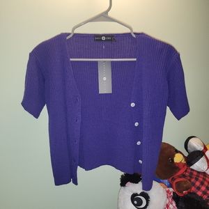 Purple short sleeve button up knit cardigan